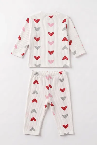 Pembe Beyaz (1-3 Yaş) Kalp Desenli Raporlu Kız  Çocuk Pijama Takım 477277