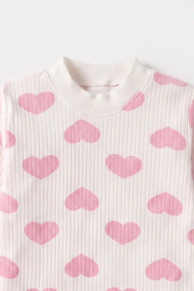 Pembe Beyaz   (1-3 Yaş) Kalp Desenli  Raporlu Kız Çocuk Pijama Takım 477353