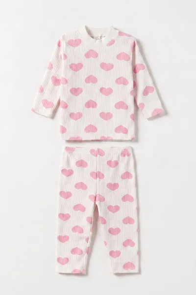 Pembe Beyaz   (1-3 Yaş) Kalp Desenli  Raporlu Kız Çocuk Pijama Takım 477353