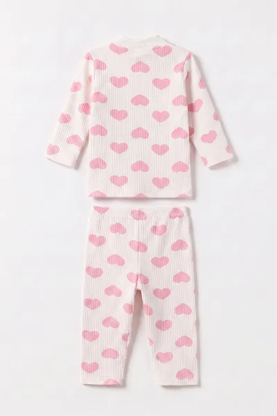 Pembe Beyaz   (1-3 Yaş) Kalp Desenli  Raporlu Kız Çocuk Pijama Takım 477353