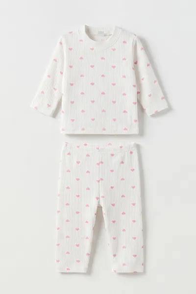 Pembe Beyaz   (1-3 Yaş) Küçük Kalp Desenli  Raporlu Kız Çocuk Pijama Takım 477357