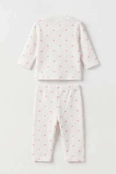 Pembe Beyaz   (1-3 Yaş) Küçük Kalp Desenli  Raporlu Kız Çocuk Pijama Takım 477357