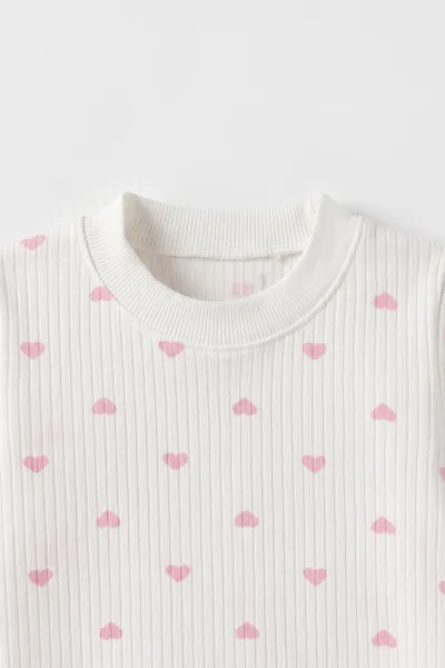 Pembe Beyaz   (1-3 Yaş) Küçük Kalp Desenli  Raporlu Kız Çocuk Pijama Takım 477357