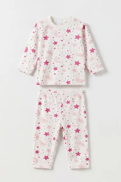Pembe Beyaz   (1-3 Yaş) Yıldız ve Bulut Desenli  Çocuk Pijama Takım 477360