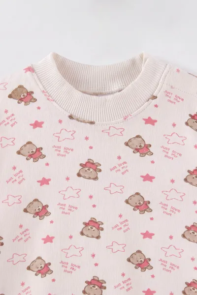 Pembe Beyaz   (1-3 Yaş) Yıldızlı Ayıcık Desenli   Çocuk Pijama Takım 477363