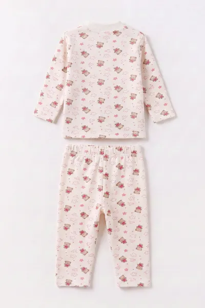 Pembe Beyaz   (1-3 Yaş) Yıldızlı Ayıcık Desenli   Çocuk Pijama Takım 477363