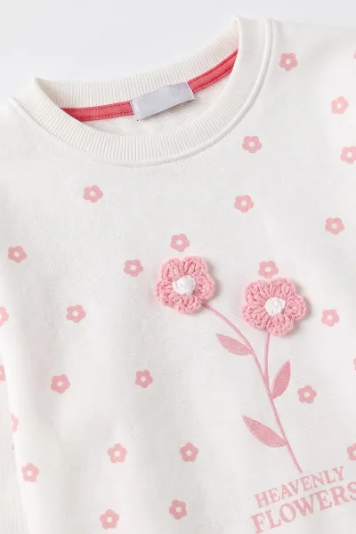 Pembe Beyaz (4-11 Yaş) Çiçek Baskılı  3 İp Şardonlu Kız Çocuk Kışlık Takım 483095