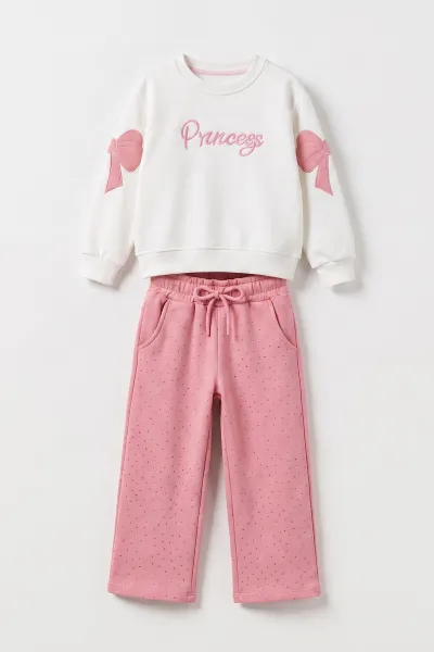 Pembe Beyaz (4-11 Yaş) Princess Nakışlı Taş Baskılı 3 İp Şardonlu Kız Çocuk Kışlık Takım 482491