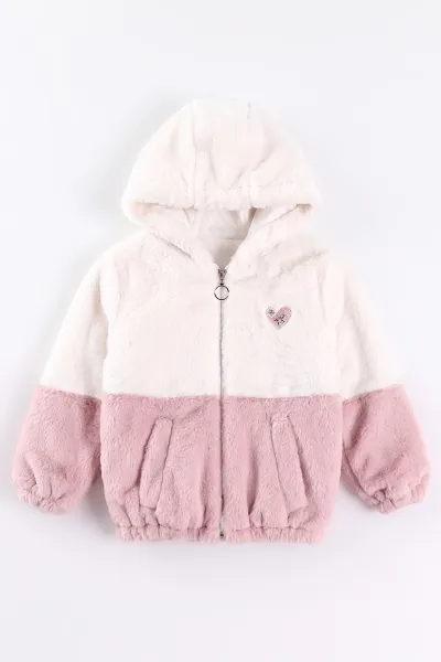 Pembe Beyaz (7-14 Yaş)2 Renkli Kapüşonlu  Kız Çocuk Peluş  Ceket 494171