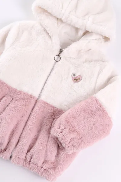 Pembe Beyaz (7-14 Yaş)2 Renkli Kapüşonlu  Kız Çocuk Peluş  Ceket 494171