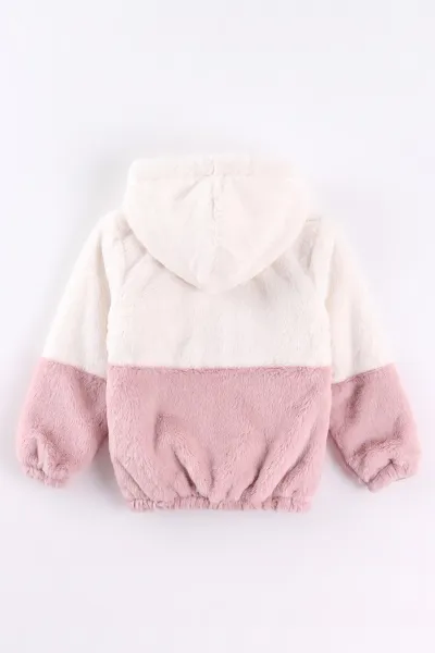 Pembe Beyaz (7-14 Yaş)2 Renkli Kapüşonlu  Kız Çocuk Peluş  Ceket 494171