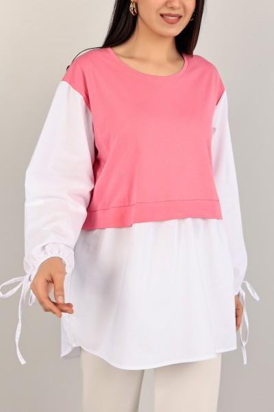 Pembe Beyaz Poplin Garnili Bağlamalı Tunik 109320