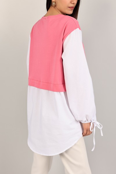 Pembe Beyaz Poplin Garnili Bağlamalı Tunik 109320