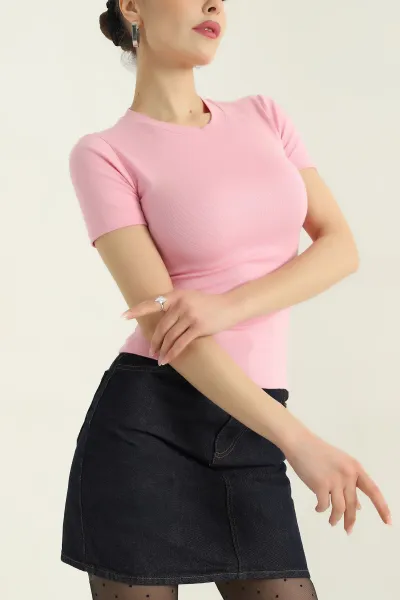 Pembe Bisiklet Yaka Çilek Kumaş Bluz 355426