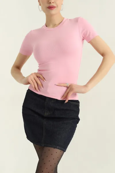 Pembe Bisiklet Yaka Çilek Kumaş Bluz 355426