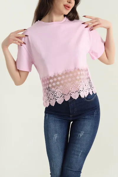 Pembe Bisiklet Yaka Güpür Detay Süprem Kadın Tişört 434241