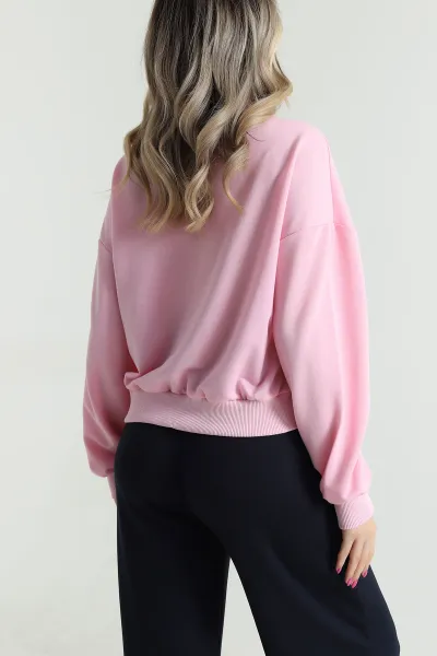 Pembe Bisiklet Yaka İki İp Kadın Sweat 484274