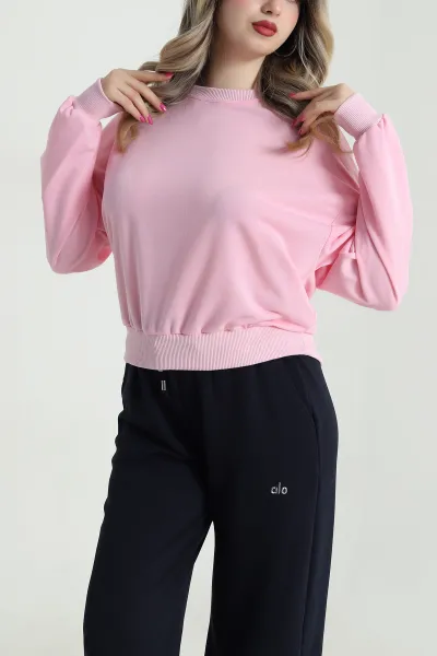 Pembe Bisiklet Yaka İki İp Kadın Sweat 484274