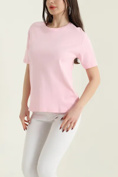 Pembe Bisiklet Yaka İnterlok Kadın Tişört 435241