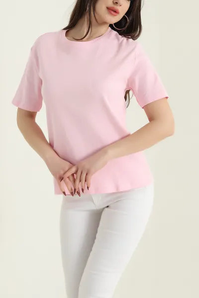 Pembe Bisiklet Yaka İnterlok Kadın Tişört 435241