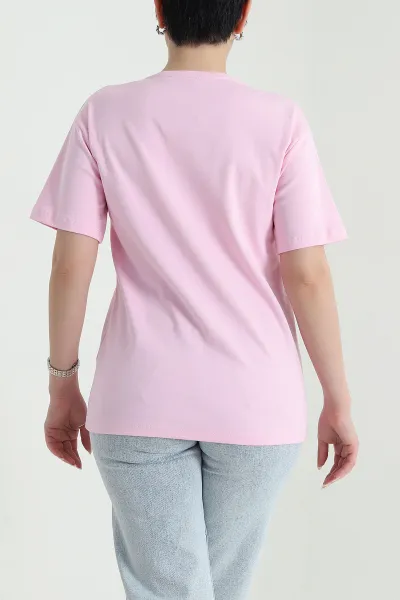Pembe Bisiklet Yaka İnterlok Kadın Tişört 451079