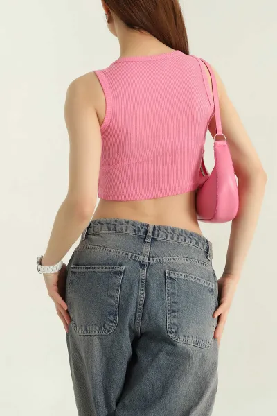 Pembe Bisiklet Yaka Kadın Crop Atlet 364677