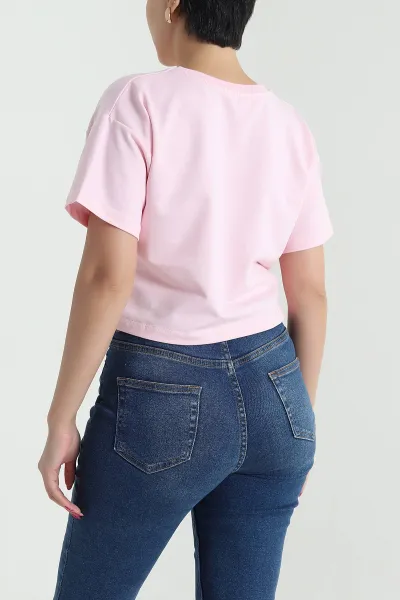 Pembe Bisiklet Yaka Kristal Kadın Crop 477586
