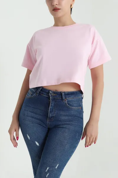 Pembe Bisiklet Yaka Kristal Kadın Crop 477586
