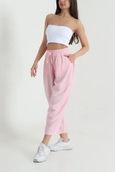 Pembe Biye Bağcıklı Çilek Kadın Pantolon 460029