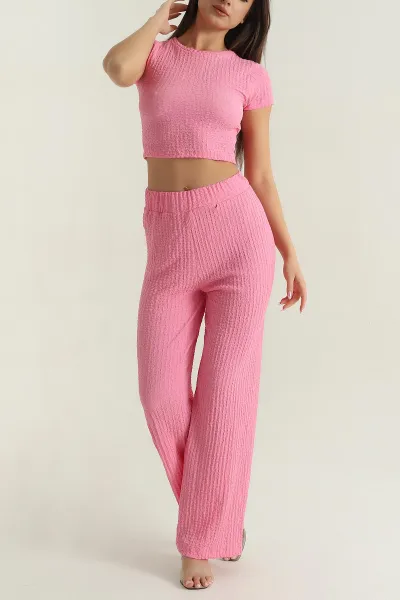 Pembe Bluz Pantolon Gofre Kadın İkili Takım 377538