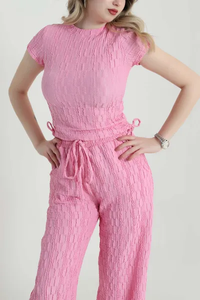 Pembe Bluz Pantolon Gofre Kadın İkili Takım 458367