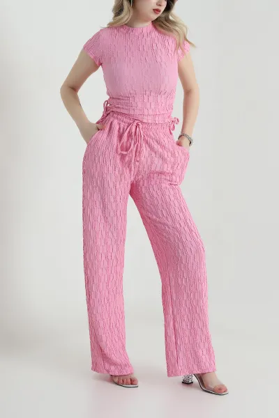 Pembe Bluz Pantolon Gofre Kadın İkili Takım 458367