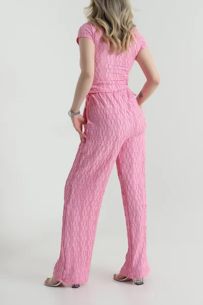 Pembe Bluz Pantolon Gofre Kadın İkili Takım 458367