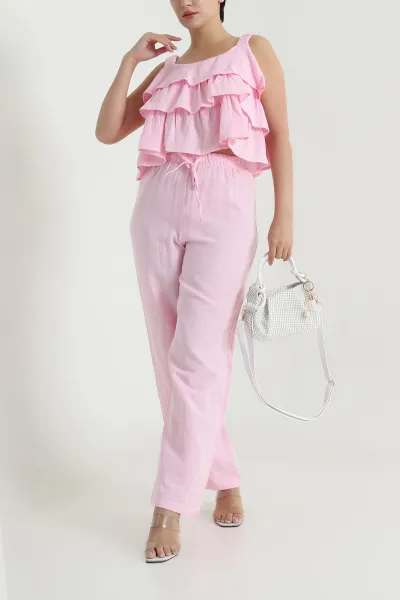 Pembe Bluz Pantolon Müslin Keten Kadın İkili Takım 480687