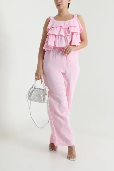 Pembe Bluz Pantolon Müslin Keten Kadın İkili Takım 480687