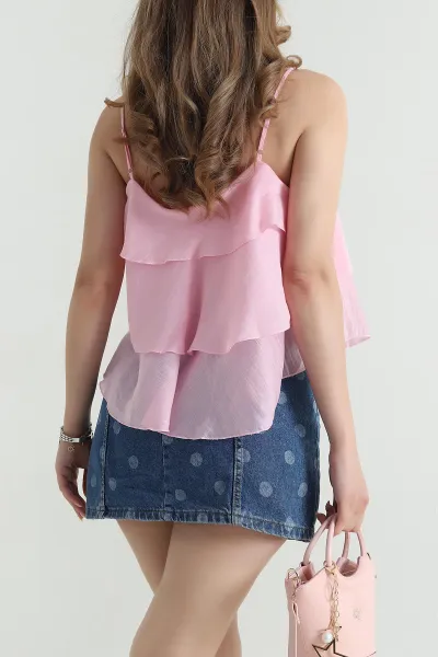 Pembe Boncuk Askı Detay Tencel Kadın Bluz 478614