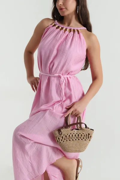 pembe-boncuk-detayli-astarli-cilek-kadin-elbise-475010