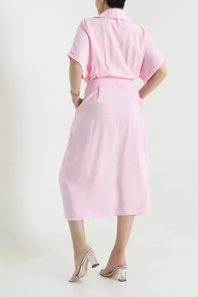 Pembe Boydan Düğmeli Dokuma Modal Kadın Elbise 455921