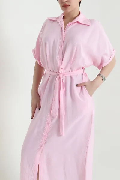 Pembe Boydan Düğmeli Dokuma Modal Kadın Elbise 455921