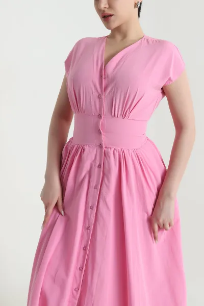 Pembe Boydan Düğmeli Trikoton Kadın Elbise 448795