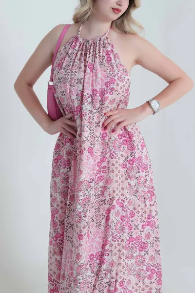 Pembe Boyun Bağlamalı Modal Kadın Elbise 464778