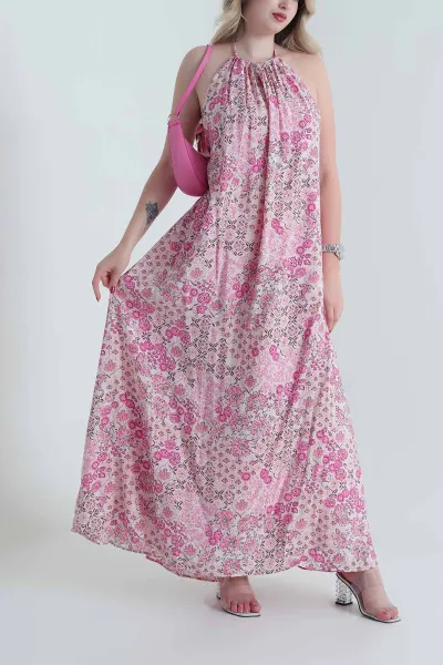 Pembe Boyun Bağlamalı Modal Kadın Elbise 464778
