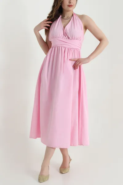 Pembe Boyundan Bağlamalı Poplin Kadın Elbise 467923