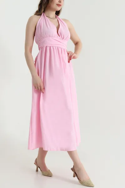 Pembe Boyundan Bağlamalı Poplin Kadın Elbise 467923