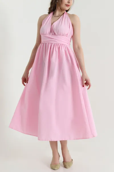 Pembe Boyundan Bağlamalı Poplin Kadın Elbise 467923