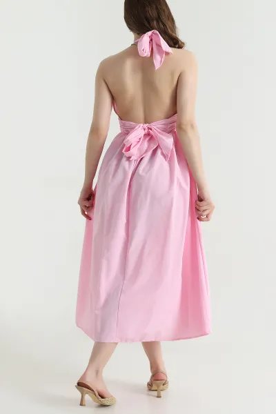 Pembe Boyundan Bağlamalı Poplin Kadın Elbise 467923