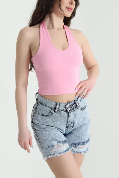 Pembe Boyundan Geçmeli Kadın Bluz 448380