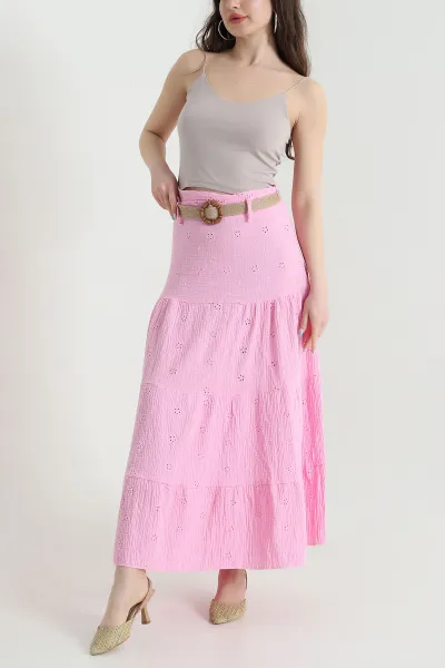 Pembe Brodeli Müslin Keten Kadın Etek 450856