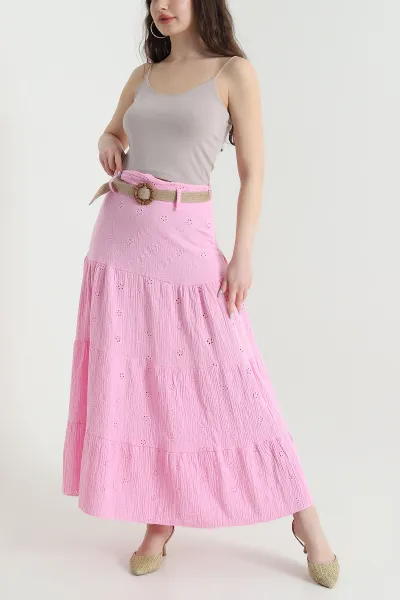 Pembe Brodeli Müslin Keten Kadın Etek 450856
