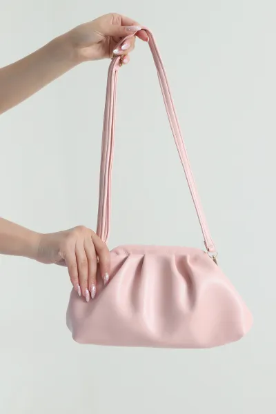 Pembe Burslu Kırışık Dokulu Kadın El Kol ve Omuz Çantası 465465